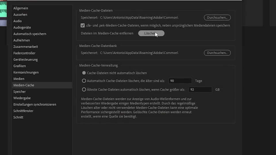 Dateien im Medien-Cache entfernen